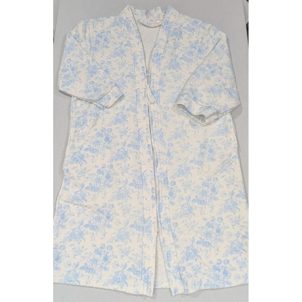 Body Touch Robe Womens 1X White Blue Excellent Floral Toile Zip Front Loungewear